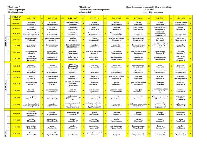 І ауысым сабақ кестесі 2023-2024