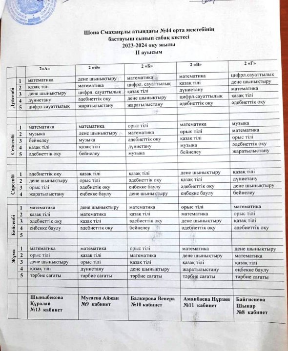 Бастауыш сынып сабақ кестесі