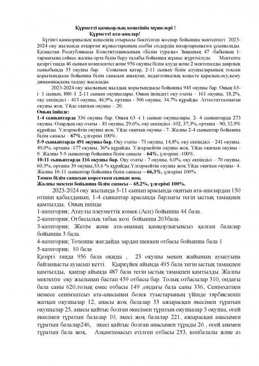 Құрметті қамқорлық кеңесінің мүшелері !                                         Құрметті ата-аналар!