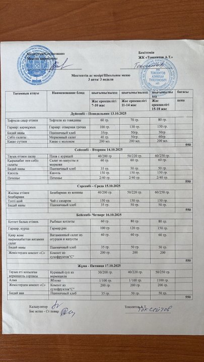 Бір апталық  ас мәзірі