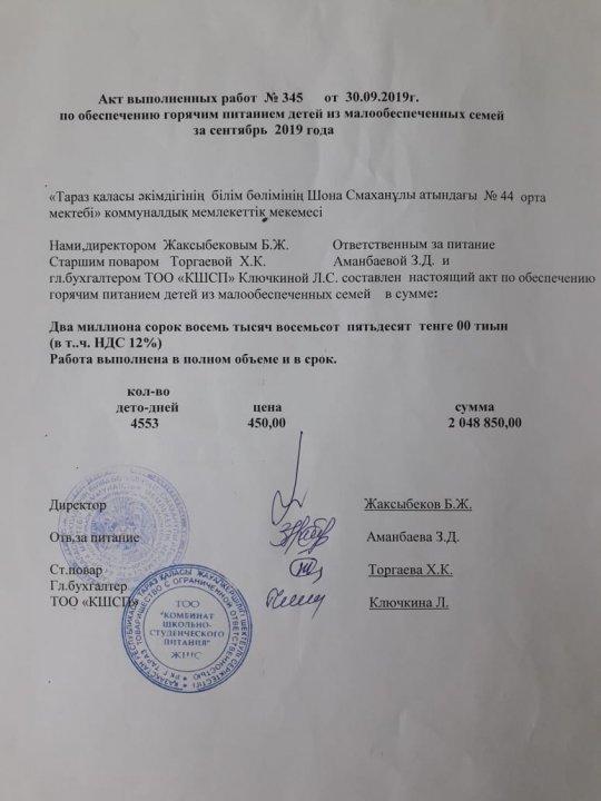 Тегін ыстық тамақ бойынша атқарылған жұмыстың актілері