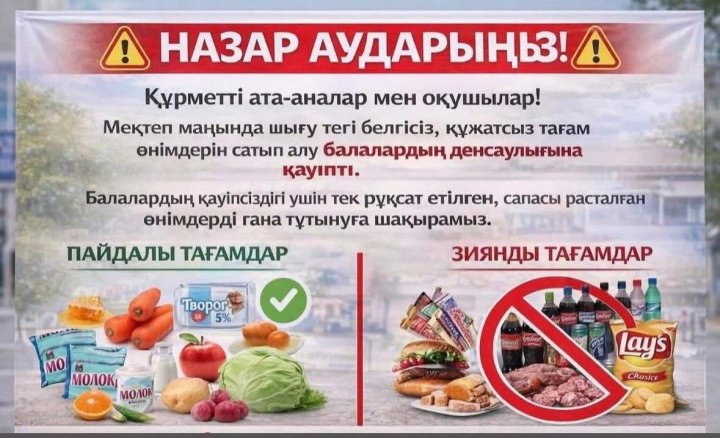 Мектеп маңында шығу тегі белгісіз, құжатсыз тағам өнімдерін сатып алу балалардың денсаулығына қауіпті